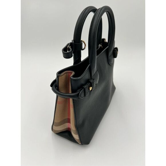 Burberry Banner Tote Iconic House Check Derby Shoulder Bag Black Leather - Picture 2 of 16